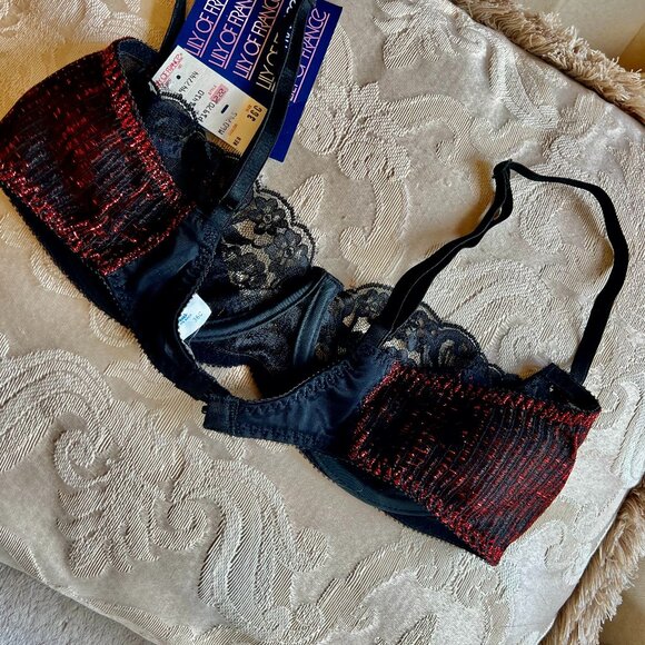 NWT Lily of France Vintage Demi Lace Bra in Hot Red Metallic & Black Lace 36C - Picture 12 of 14